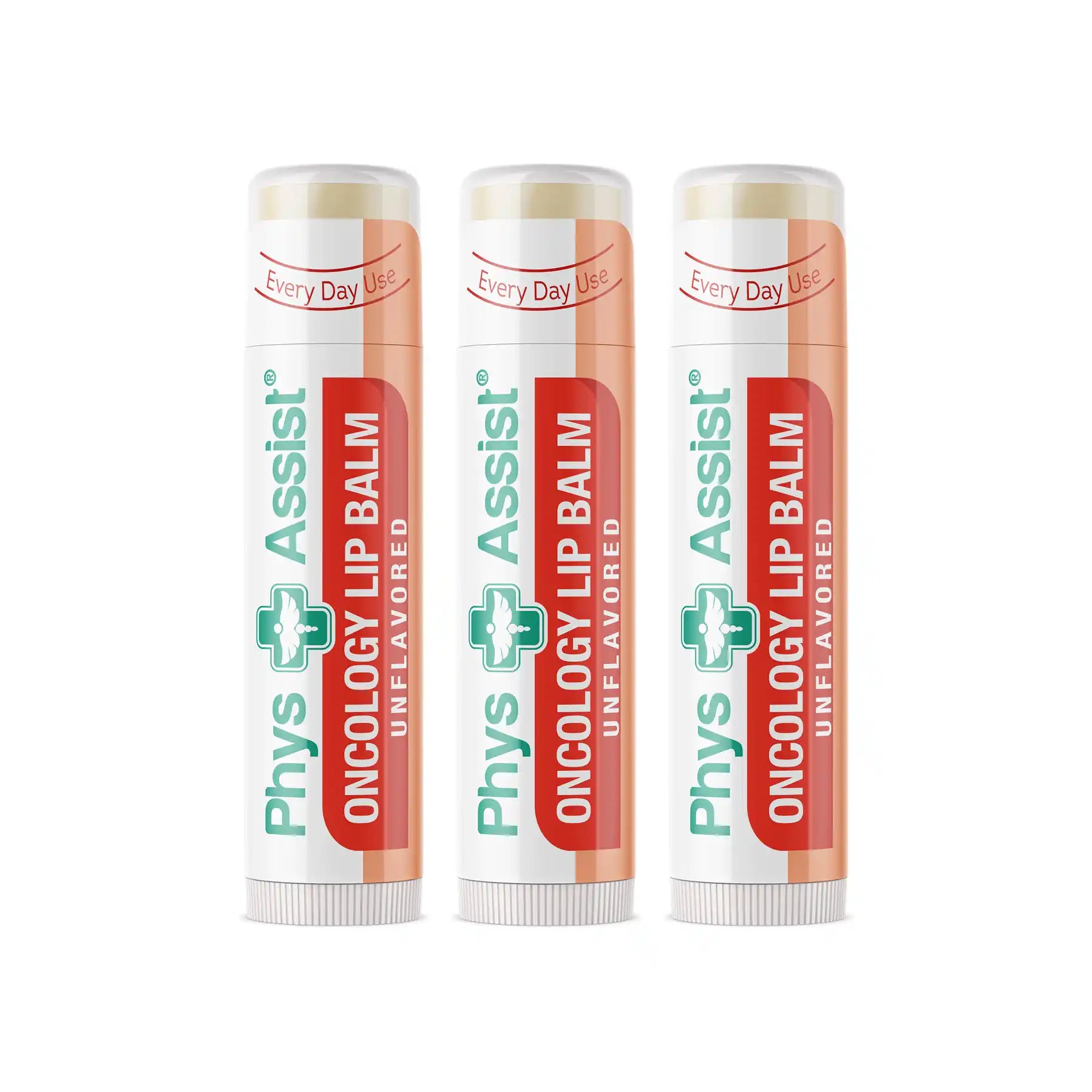 Three tubes of PhysAssist Oncology Lip Balm on a white background