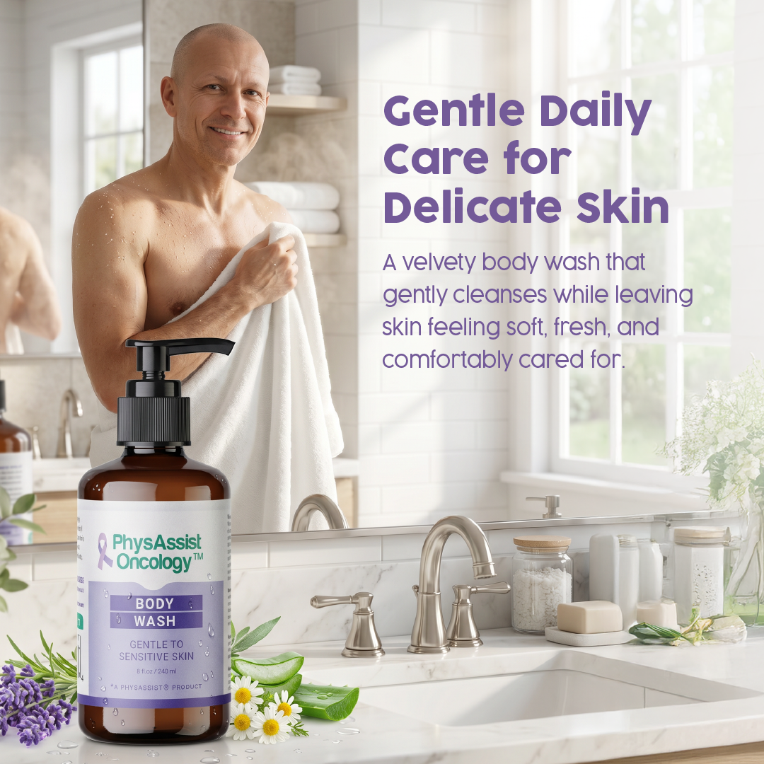PhysAssist Oncology Body Wash in an amber pump bottle with a purple and white label, displayed in a bright bathroom setting with a man wrapped in a towel in the background and promotional text on the right.