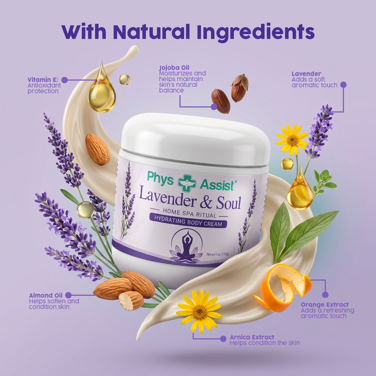 PhysAssist Lavender & Soul Body Cream – Moisturizing Care for Your Evening Ritual – 6 oz