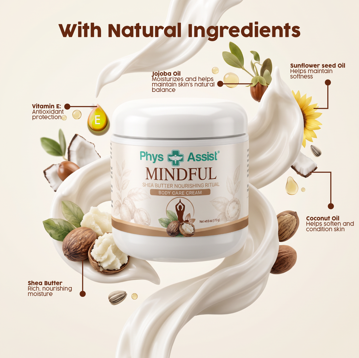 PhysAssist Mindful Body Cream – Nourishing Moisture for Dry Skin – 6 oz