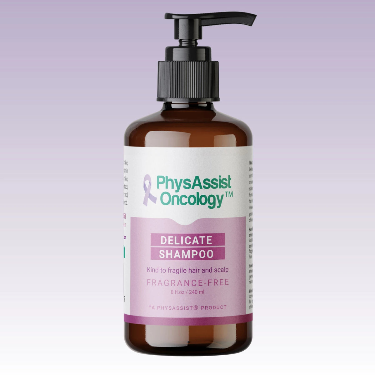 PhysAssist Oncology Delicate Shampoo bottle on a light purple background