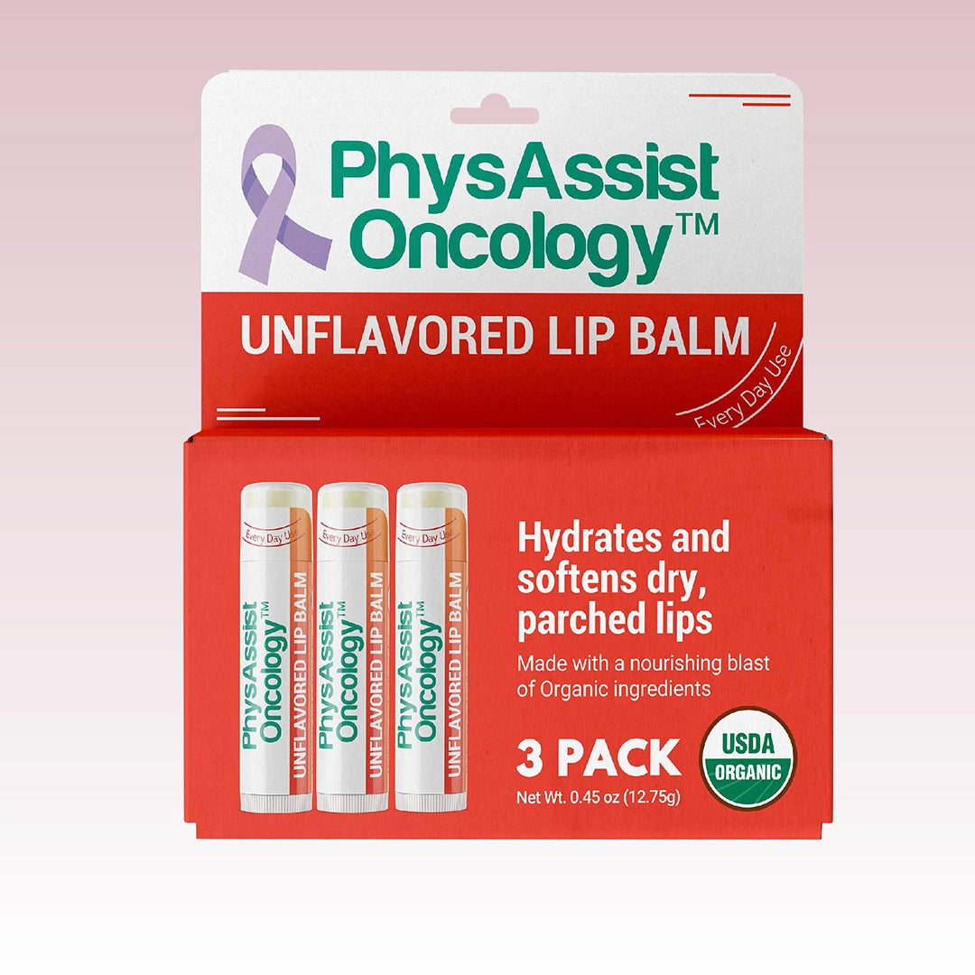 PhysAssist Oncology unflavored lip balm packaging on a pink background