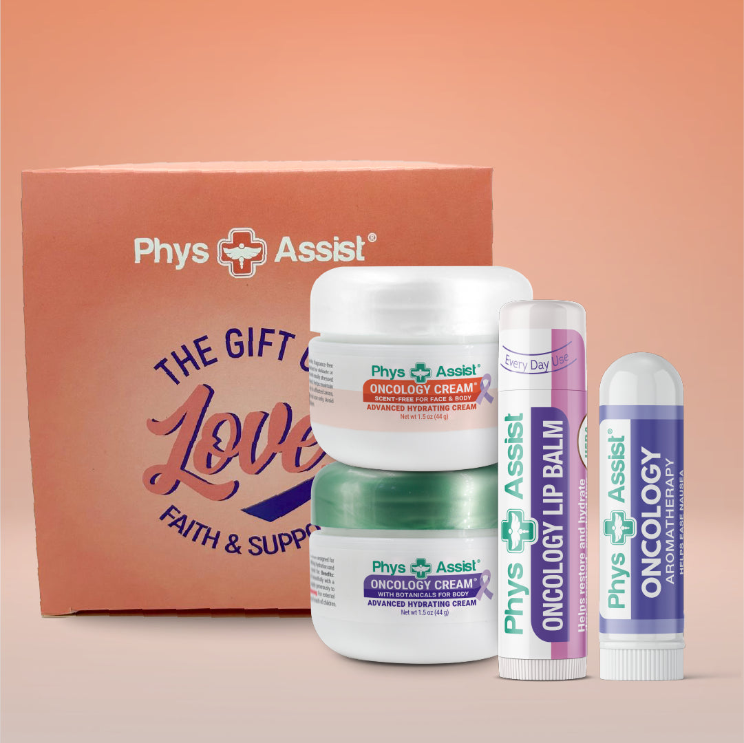 Phys Assist skincare and lip balm products with a branded box in the background.