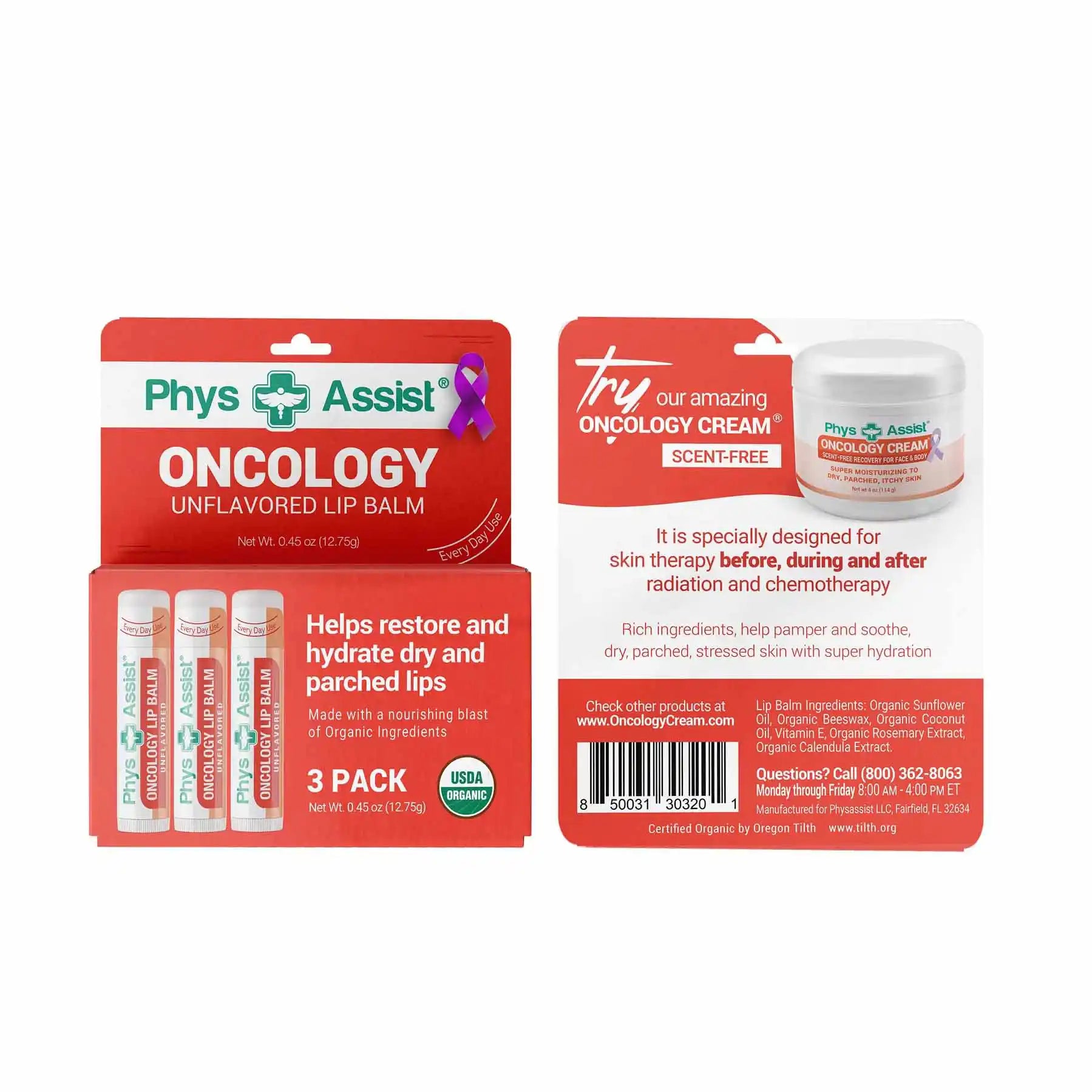 PhysAssist oncology lip balm and cream packaging on a white background