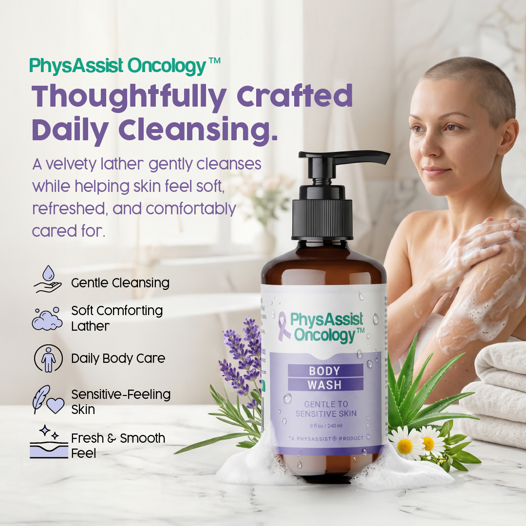 PhysAssist Oncology body wash in an amber pump bottle with a black cap, shown in a bathroom scene with a woman washing herself. The bottle is labeled 'Body Wash' and includes marketing text and icons about gentle cleansing, soft comforting lather, daily body care, sensitive-feeing skin, and fresh & smooth feel.