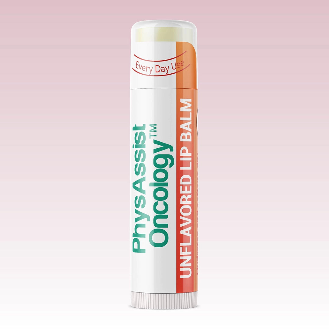 PhysAssist Oncology unflavored lip balm on a pink background